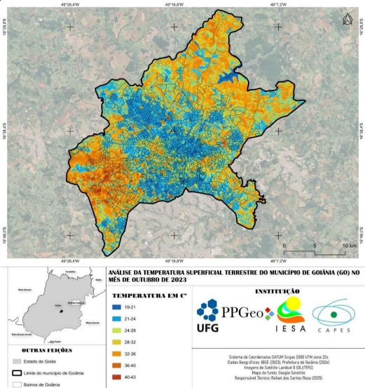 Imagem de satélite mostra temperatura de Goiânia em outubro de 2023.